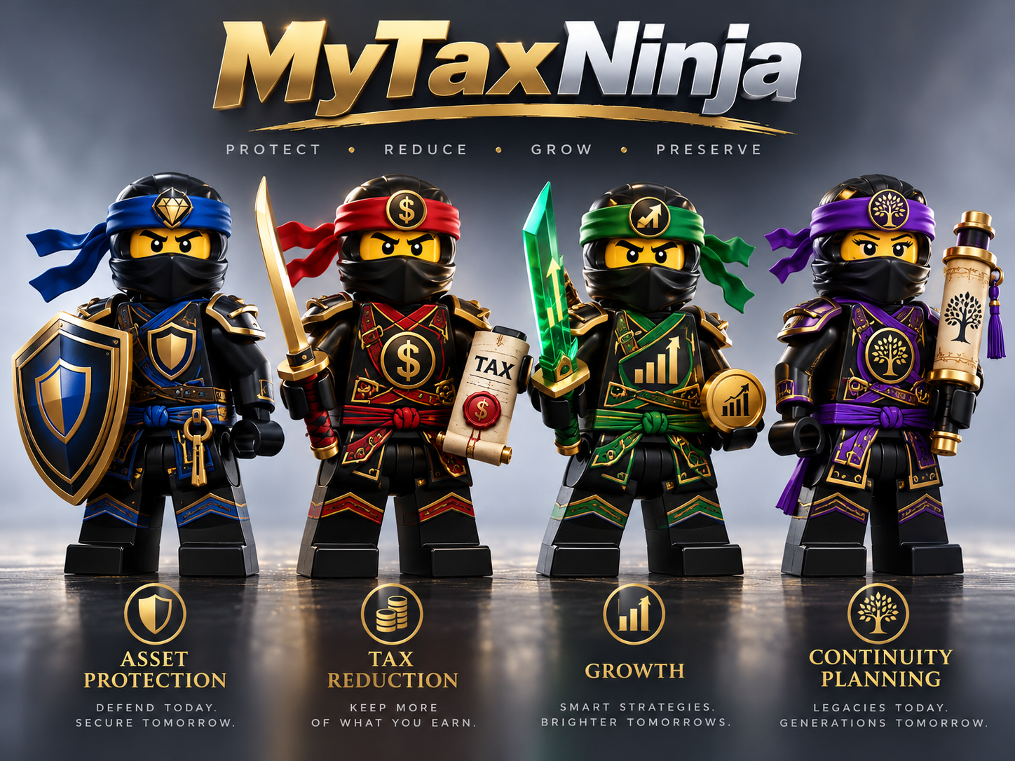 The four MyTaxNinjas characters: blue Asset Protection, red Tax Reduction, green Growth, and purple Continuity Planning