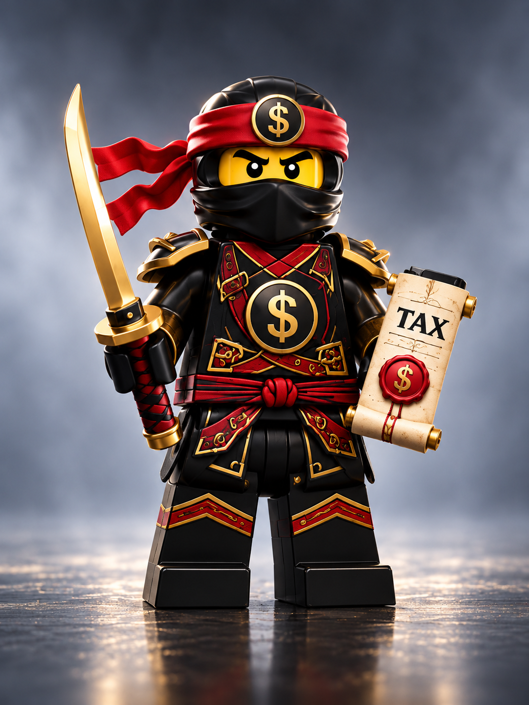 Red LEGO-style ninja holding a gold katana and a TAX scroll